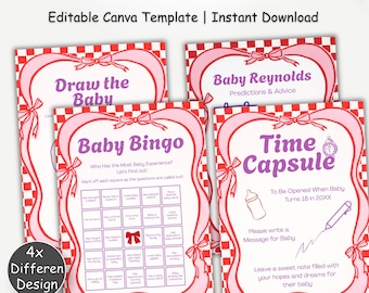 Paquete de juegos para baby shower, paquete de actividades para baby shower en rosa, cápsula del tiempo de bingo para bebés, predicciones para bebés imprimibles