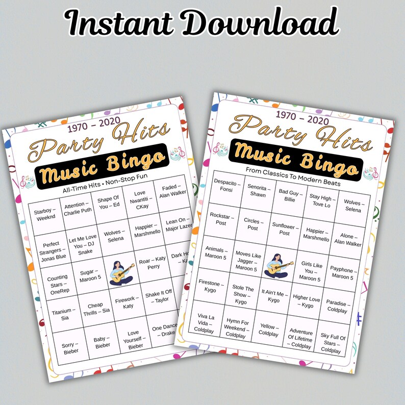 70s 80s 90s and 2000s song bingo printable party activity