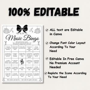 Adult music bingo printable for birthdays and parties