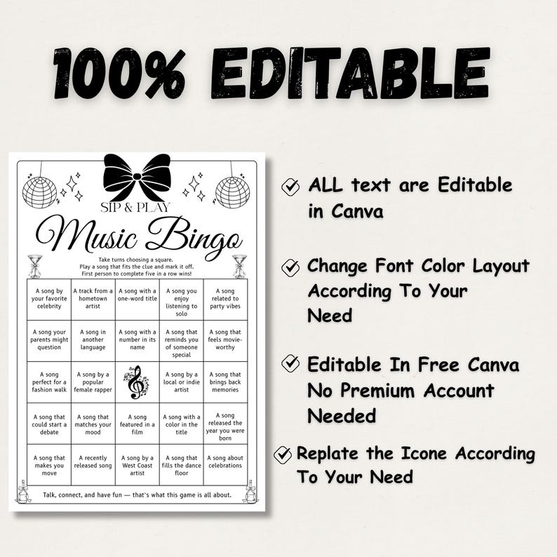 Adult music bingo printable for birthdays and parties