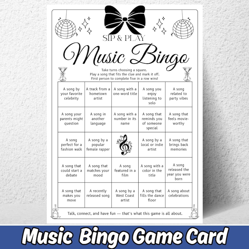 Printable music bingo game for girls night party activity