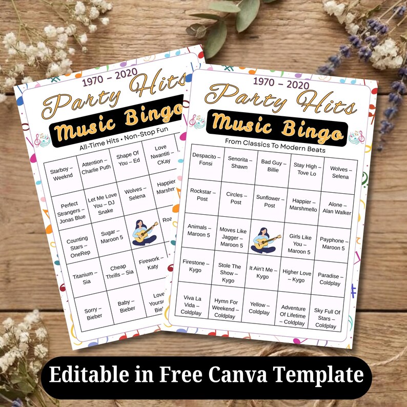 Printable music bingo cards with nostalgic pop and party hit songs