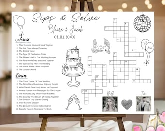 Szablon krzyżówki ślubnej edytowalny w Canva, gra na wieczór panieński do druku, aktywność na przyjęciu „Sip and Solve”, spersonalizowany quiz dla par