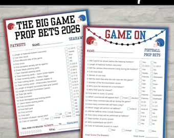 Juego de apuestas especiales de fútbol americano 2026 para imprimir, tarjeta de predicciones para fiestas de grandes partidos, paquete de hojas de actividades para fiestas de fútbol americano