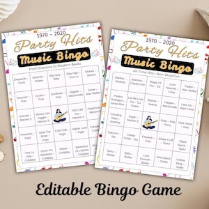 Printable Party Hits Music Bingo game featuring popular songs from multiple decades