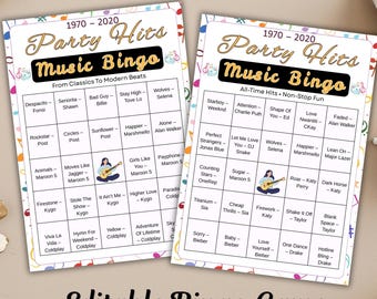 Gra w bingo z muzyką imprezową, karty do bingo z piosenkami z lat 70., 80., 90. i 2000. do druku, aktywność na przyjęcie urodzinowe do pobrania