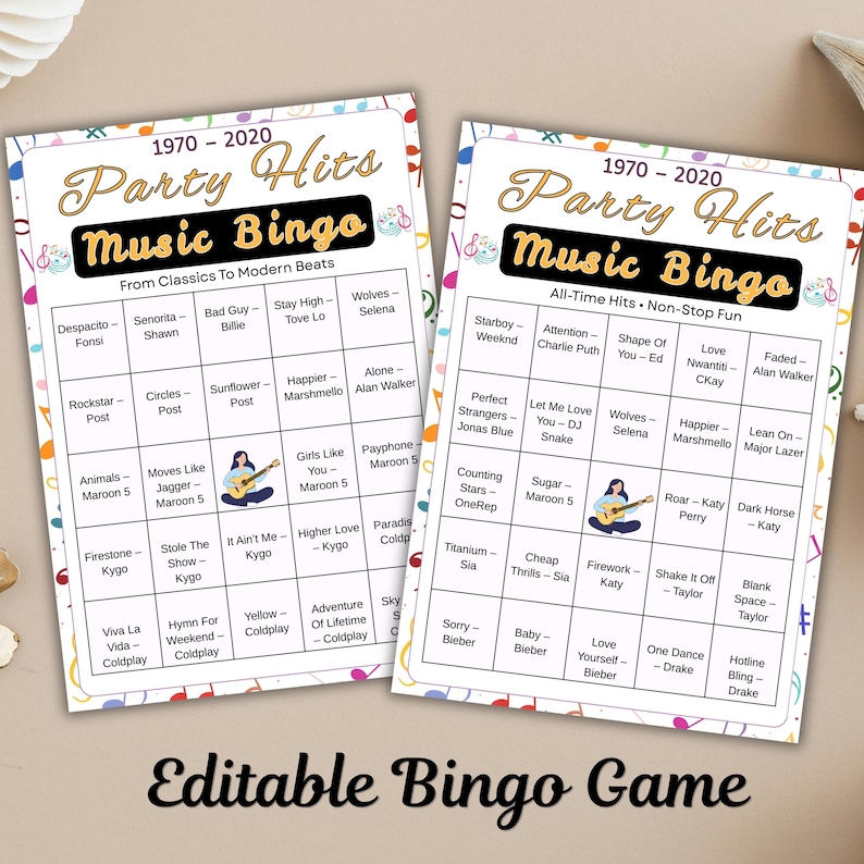 Printable Party Hits Music Bingo game featuring popular songs from multiple decades