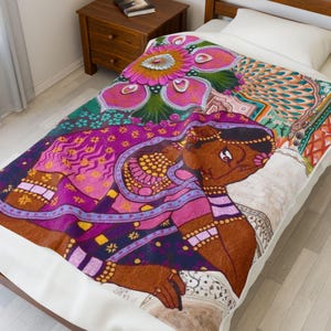 Vibrant Indian Art Velveteen Blanket, Cozy Decorative Throw, Ideal for Gifts, Art Lovers, Home Decor, Sleepovers, Travel