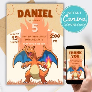 Pode incluir: Um convite de aniversário com um dragão de desenho animado com asas laranja e azuis, o nome "DANIEL" e o número "5". O convite inclui detalhes do evento e o texto "INSTANT Canva DOWNLOAD". Um telefone exibe um cartão "OBRIGADO" correspondente.