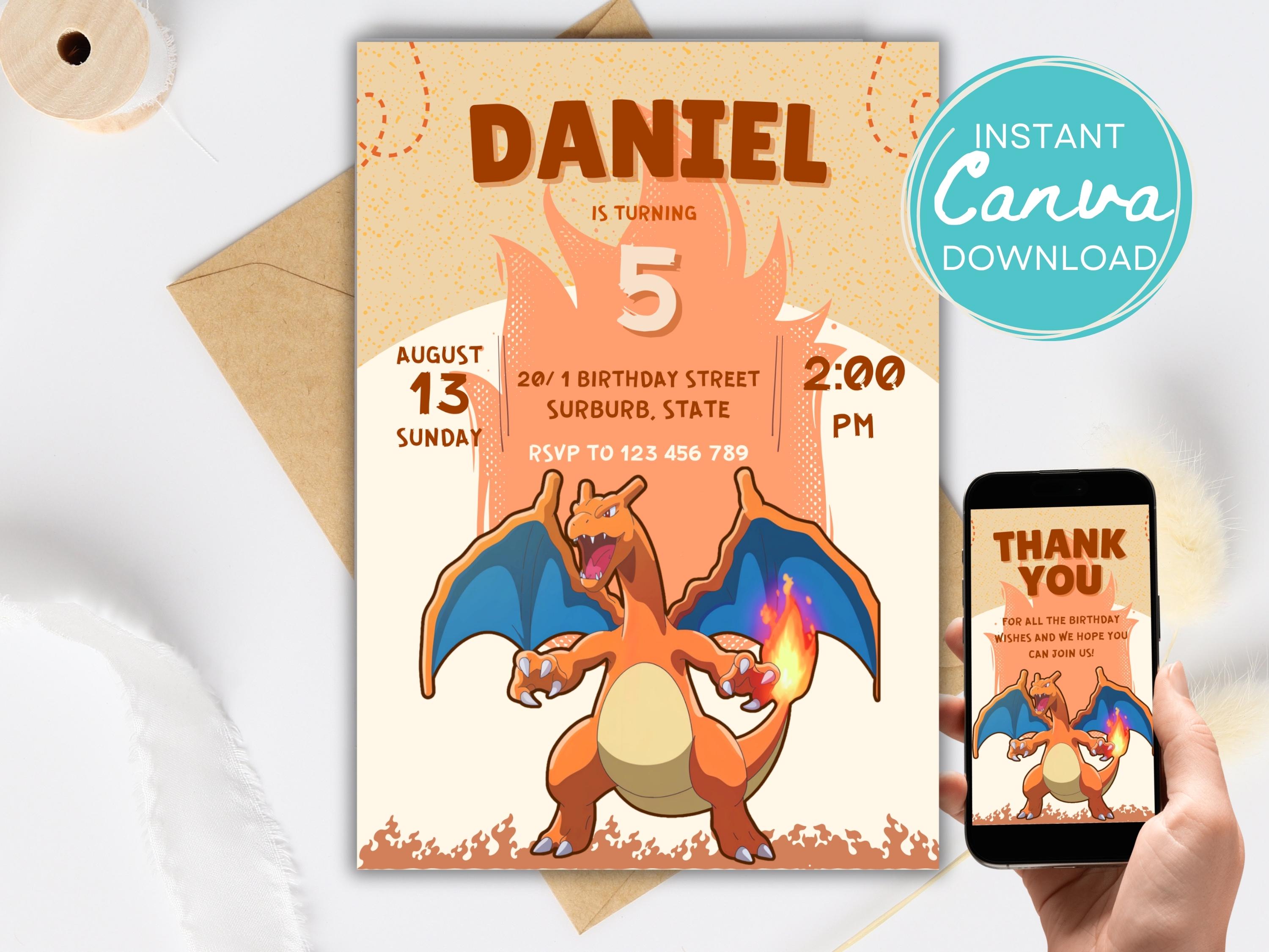 Modèle d'invitation d'anniversaire Pokemon modifiable Carte d'invitation Dracaufeu Carte d'anniversaire Pokemon modifiable sur toile Carte d'anniversa