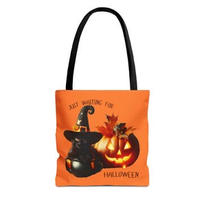Halloween Tote Bag - Just Waiting for Halloween, Pumpkin, Cat, Trick or Treat, Party Favor, Fall Decor
