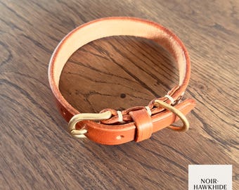 Pre-made • Hand Stitched Tan Leather Dog Collar • Brass Hardware, Small Breed