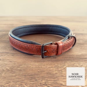 Puede incluir: Un collar de perro de cuero marrón con interior negro y hebilla de metal negro. El collar tiene un patrón texturizado y se muestra sobre una superficie de madera. La marca "NOIR HAWKHIDE" es visible en la esquina inferior derecha.