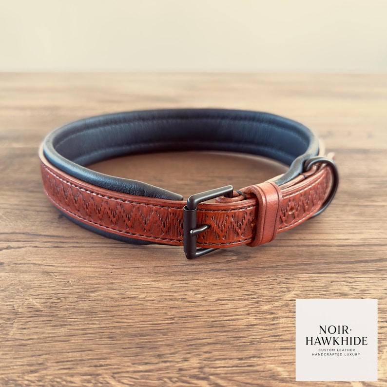 Pu&ograve; includere: Un collare per cani in pelle marrone con interno nero e fibbia in metallo nero. Il collare presenta un motivo strutturato ed &egrave; esposto su una superficie di legno. Il marchio "NOIR HAWKHIDE" &egrave; visibile in basso a destra.