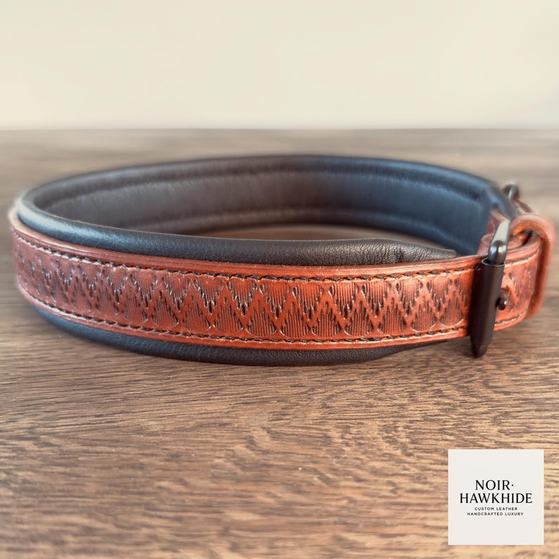 Pu&ograve; includere: Un collare per cani in pelle marrone con interno nero e un motivo geometrico decorativo. Il collare ha una fibbia in metallo nero ed &egrave; esposto su una superficie di legno. Il marchio "NOIR-HAWKHIDE" &egrave; visibile.