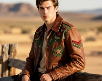 Handmade Brown Leather Western Jacket, Embroidered Cowboy Coat