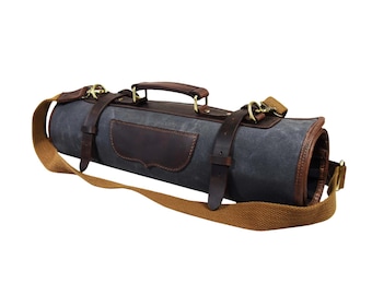 Bolsa enrollable de lona y cuero hecha a mano para guardar cuchillos de chef.
