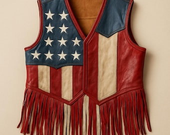 Chaleco de cuero con flecos y bandera estadounidense, atuendo patriótico del oeste
