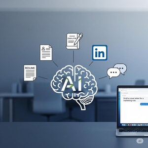 May include: An image depicting a brain graphic with "AI" at its core, linked to icons for a CV, cover letter, LinkedIn, and speech bubbles. A laptop screen shows "Draft a cover letter for a marketing role."
