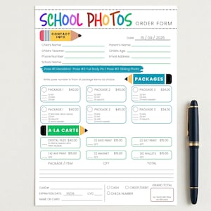Plantilla editable de Canva para formulario de pedido de fotos escolares, hoja de paquete de fotografía para el día de la foto, formulario imprimible para pedido de retratos de estudiantes.