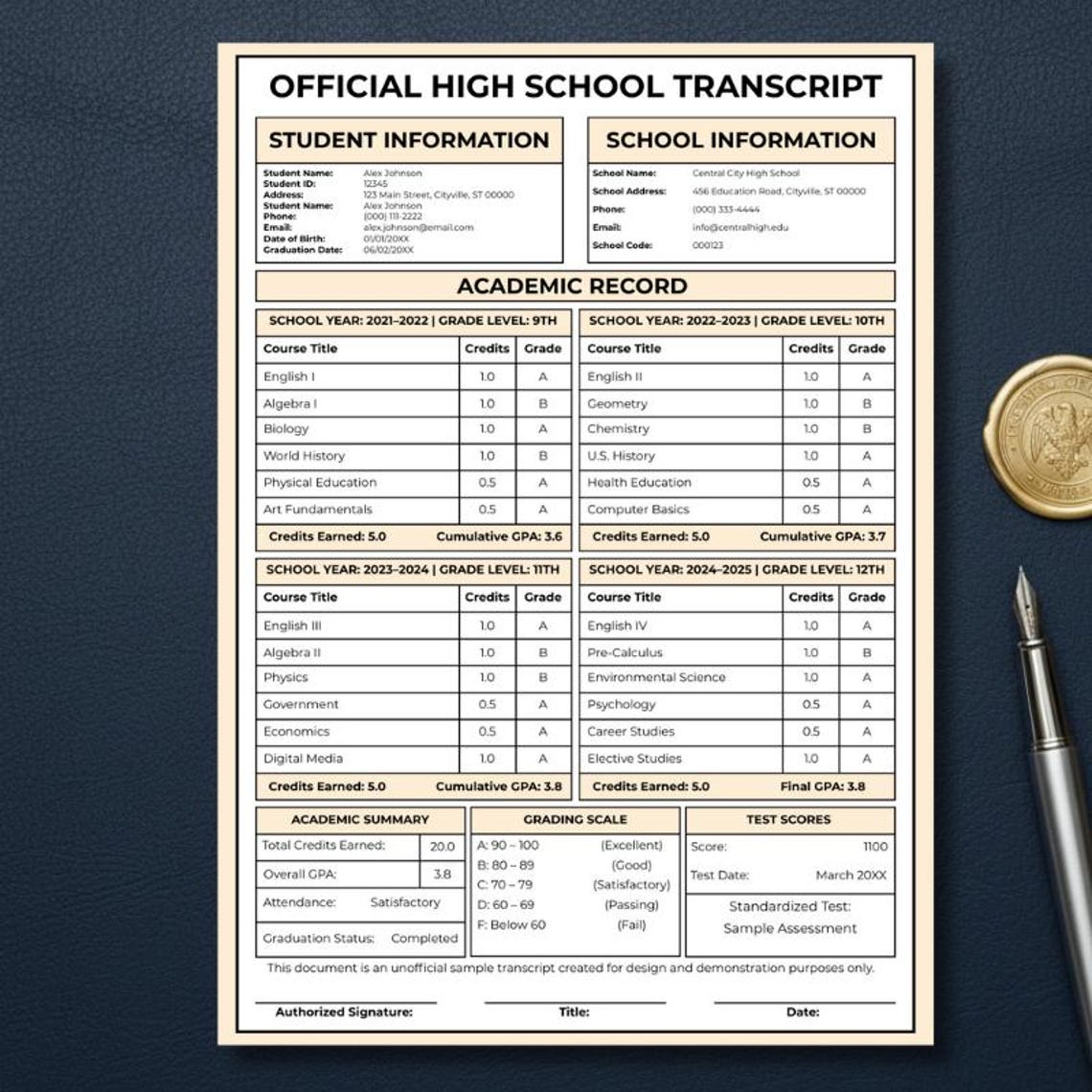 Editable High School Transcript Template, Homeschool Academic Record ...