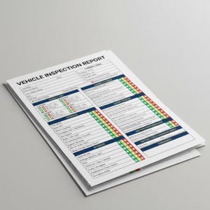 May include: A stack of white vehicle inspection report forms. The forms have a blue border and include sections for vehicle details, exterior, interior, and battery performance. The text "VEHICLE INSPECTION REPORT" is at the top.