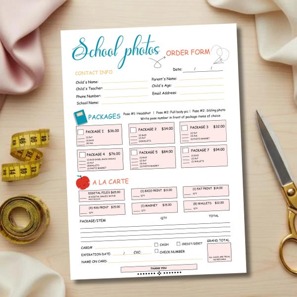 Plantilla editable de formulario de pedido de fotografía escolar en Canva, formulario de pedido de fotos para preescolar, factura de fotografía imprimible.