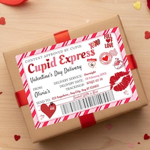 May include: A Valentine's Day gift box wrapped in brown paper with a red ribbon. A decorative label reads "Cupid Express" with Valentine's Day Delivery details, a heart, and a kiss.