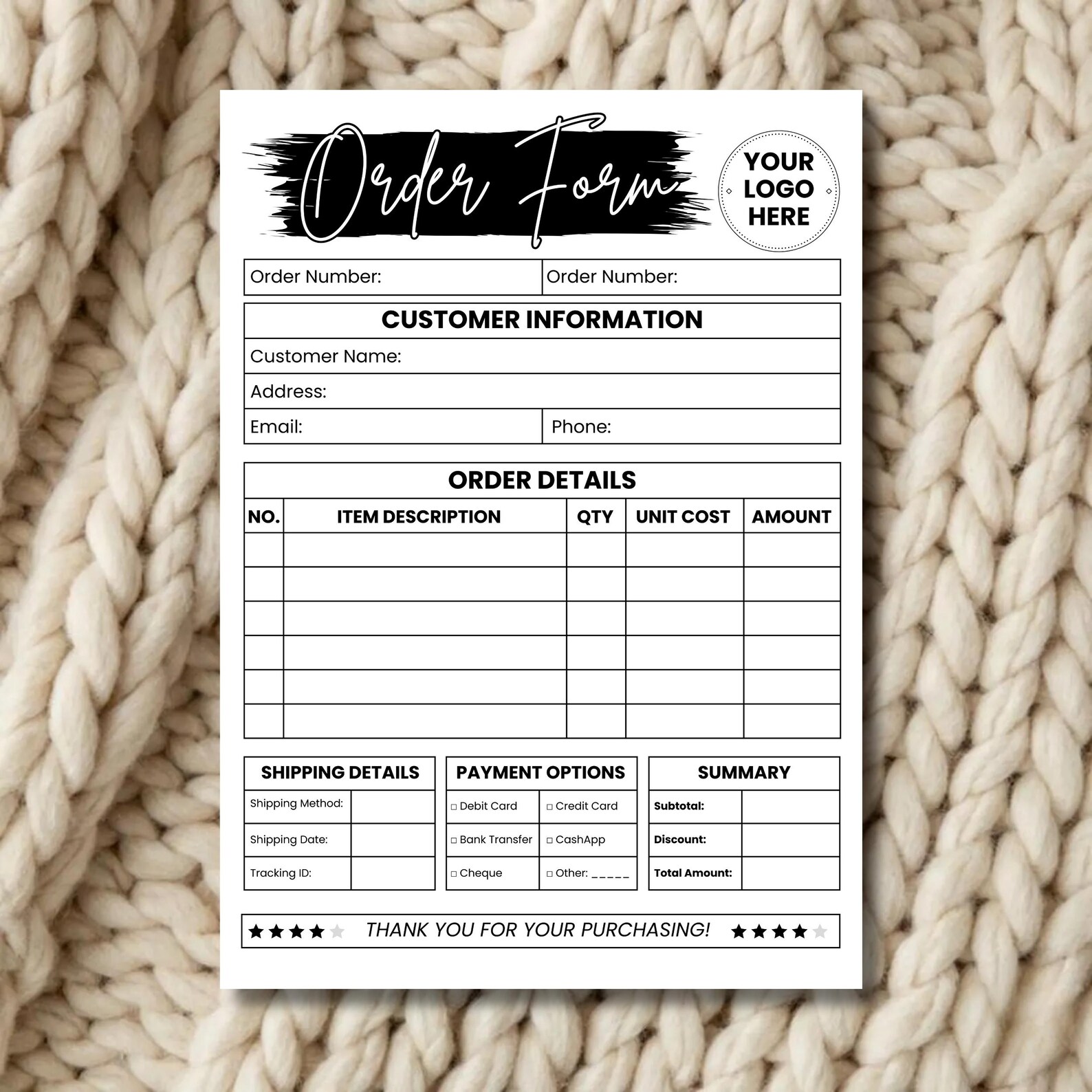 Editable Order Form Template Printable Small Business Invoice Custom ...