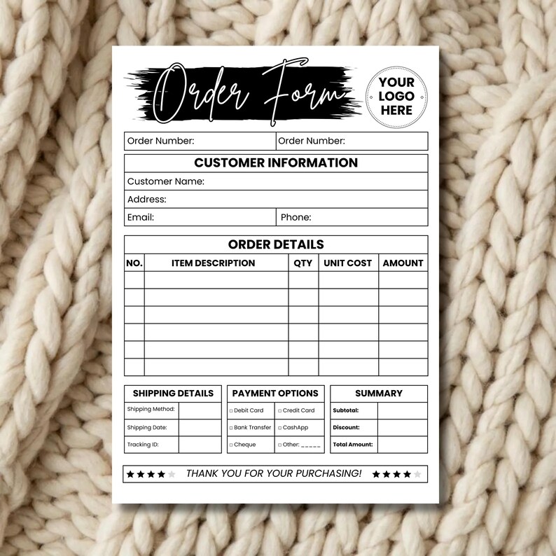 Editable Order Form Template Printable Small Business Invoice Custom ...
