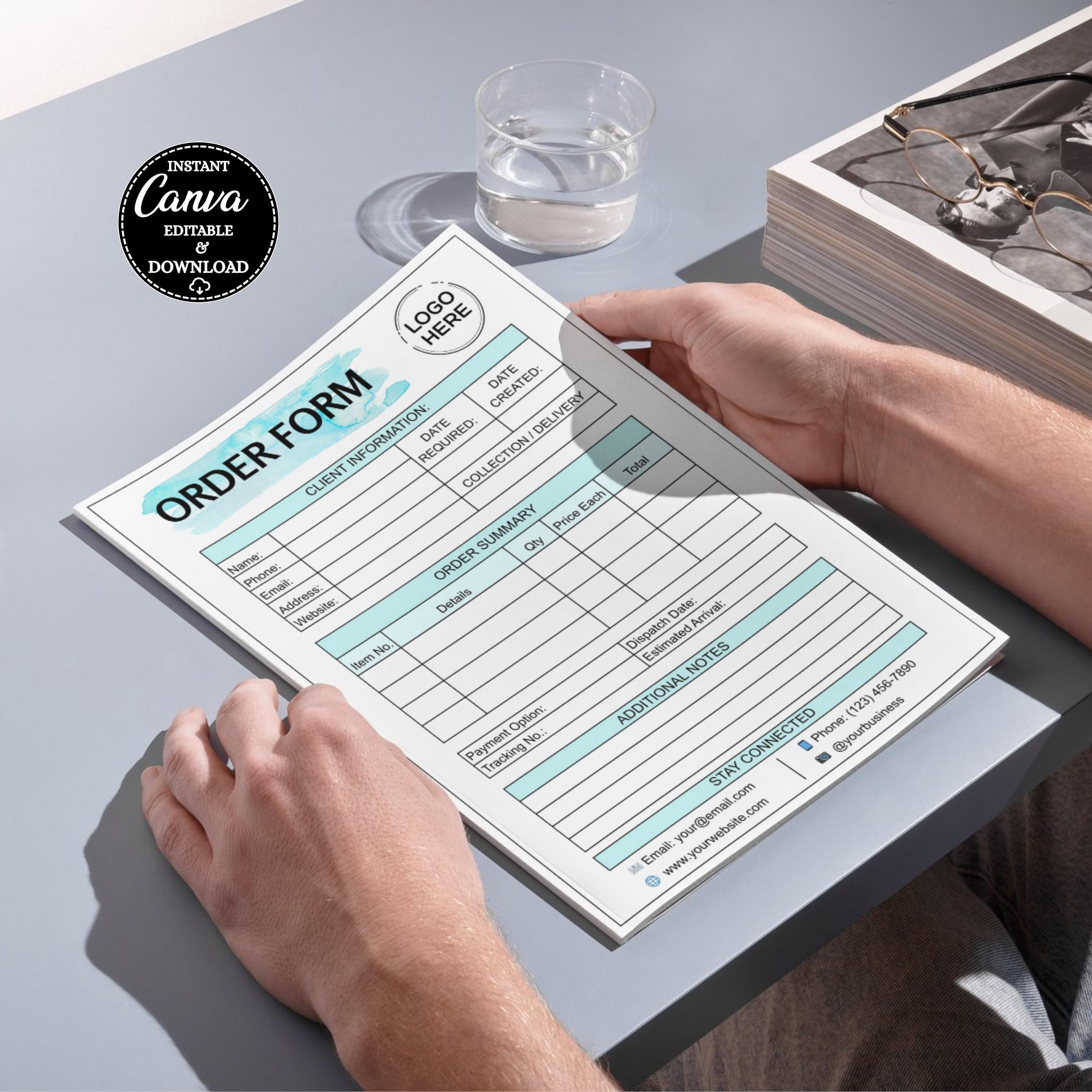 Editable Order Form Template: Printable Fillable Invoice & Receipt for ...