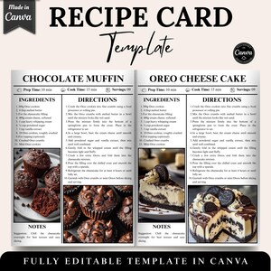 May include: Recipe card template with instructions for Chocolate Muffins and Oreo Cheesecake. The card includes ingredients, directions, and images of the finished desserts. The template is fully editable in Canva.