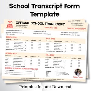 Könnte beinhalten: Eine druckbare Schulzeugnis-Vorlage mit dem Text Official School Transcript, den Studentendaten von Alex Brown und akademischen Aufzeichnungen von Frühjahr 2022 bis Herbst 2023, inklusive einer Notenskala und Zeilen für Unterschriften.