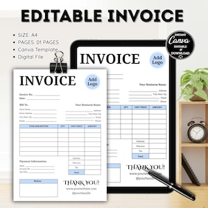 Könnte beinhalten: Eine digitale Rechnungsvorlage mit dem Text "EDITABLE INVOICE" oben. Das Design umfasst eine Papierrechnung und ein Tablet, das die Rechnung anzeigt. Die Rechnung hat Felder für Unternehmensdetails, Artikelbeschreibungen und Zahlungsinformationen. Das Design enthält den Text "THANK YOU!"