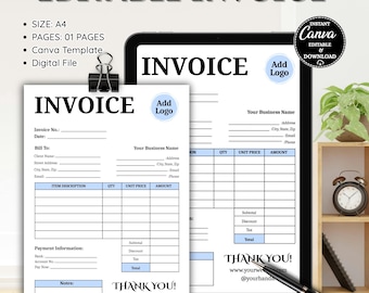 Editable Invoice Template for Small Business, Professional Custom Billing Form, Printable Canva PDF Download