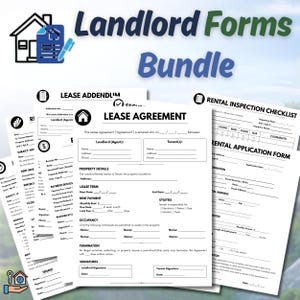 May include: A bundle of white paper forms for landlords, including a lease agreement, addendum, and rental application. The forms have black text and are arranged on a light blue background. The words "Landlord Forms Bundle" are at the top.