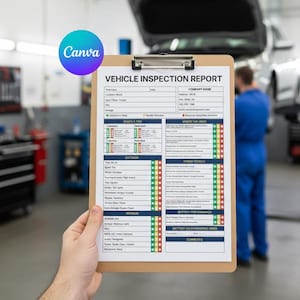 May include: A vehicle inspection report on a wooden clipboard. The report includes sections for exterior, interior, and battery performance. The Canva logo is in the upper left corner. A mechanic in blue overalls works on a car in the background.