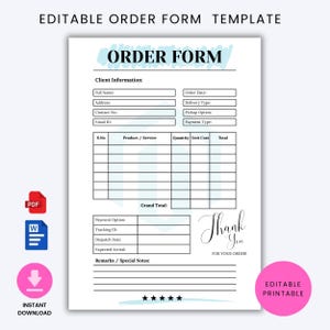 Könnte beinhalten: Eine bearbeitbare Bestellformular-Vorlage mit blauem Pinselstrich-Header, Kundeninformationsfeldern, einer Produkttabelle, Zahlungsdetails und einem Thank You for your order Schriftzug. Enthält PDF- und Word-Symbole sowie ein rosa Badge.