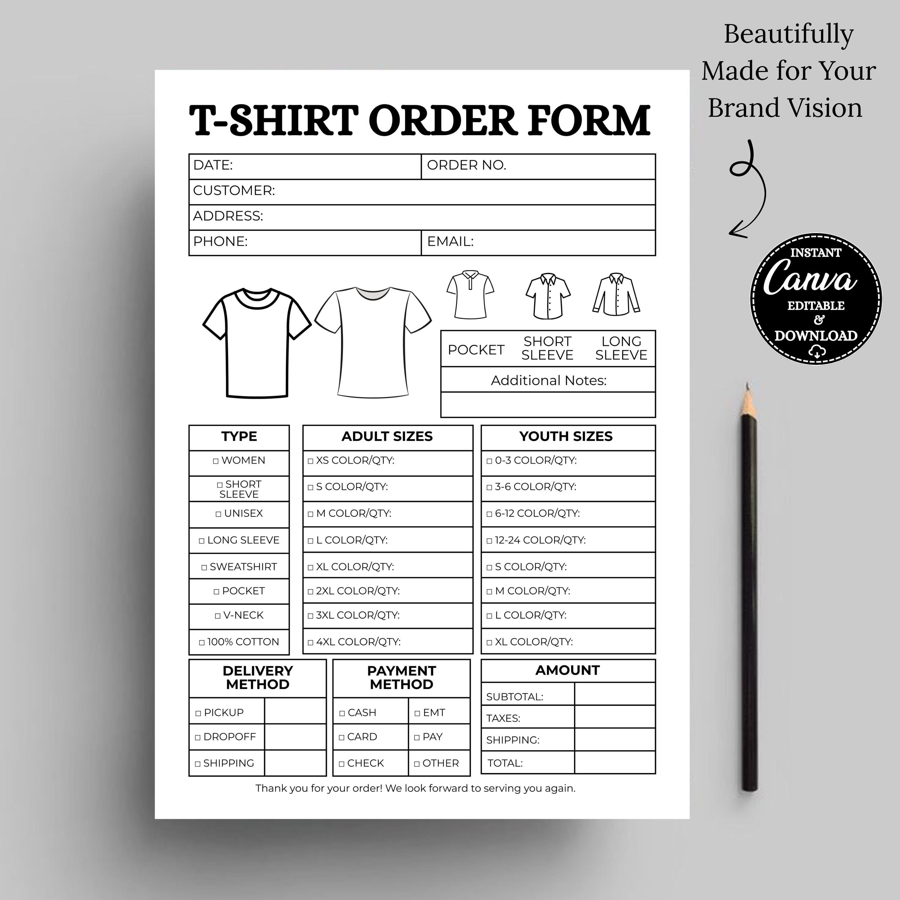 Editable T-shirt Order Form Template Printable, Custom Shirt Order ...