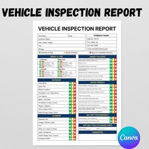 Puede incluir: Un informe de inspección de vehículos con el título "VEHICLE INSPECTION REPORT". El documento incluye secciones para la revisión de frenos y neumáticos, el exterior, el interior y el rendimiento de la batería. El logotipo de Canva está en la esquina inferior derecha.