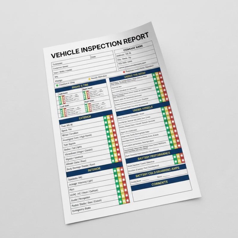 May include: Vehicle inspection report on white paper. The report includes sections for brakes, tires, exterior, interior, and battery performance. The report has a blue and green color scheme with red, yellow, and green indicators.