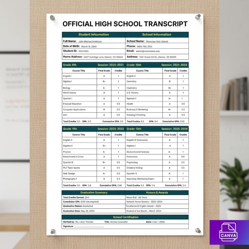 Official High School Transcript Template, Editable Student Grade ...