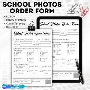 May include: A digital school photo order form on a tablet and printed on A4 paper. The form includes sections for contact information, packages, and a la carte items. A black pen and paper clips are also visible.