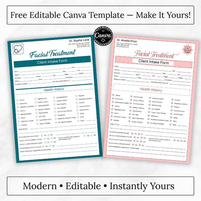 Editable Facial Treatment Client Intake Form Canva Template, Skincare ...