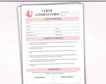 Formulario de consentimiento editable para lifting de pestañas, formulario de admisión de cliente para esteticista, plantilla de tratamiento de belleza, descarga digital en PDF rellenable.