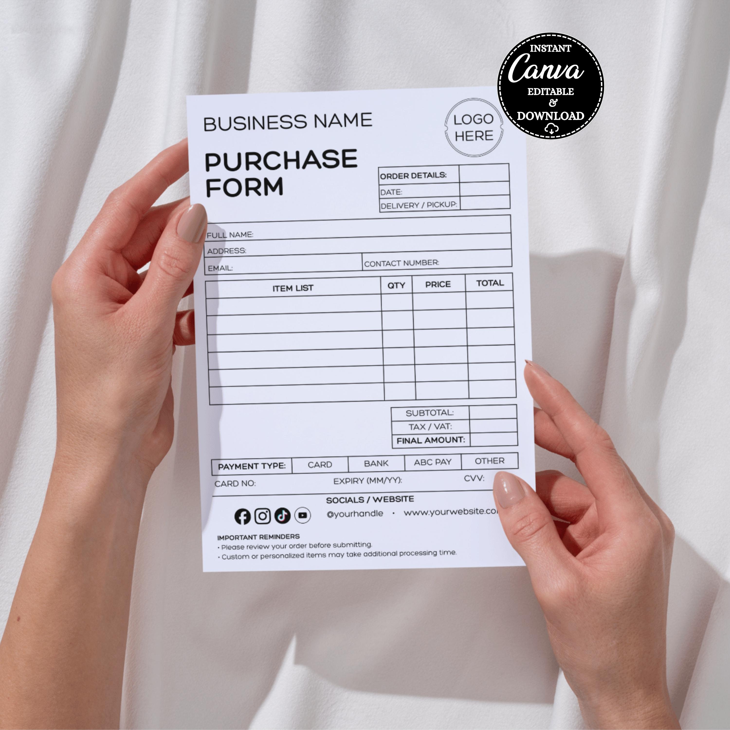 Editable Purchase Order Form: Printable Custom Sales & Receipt Order ...