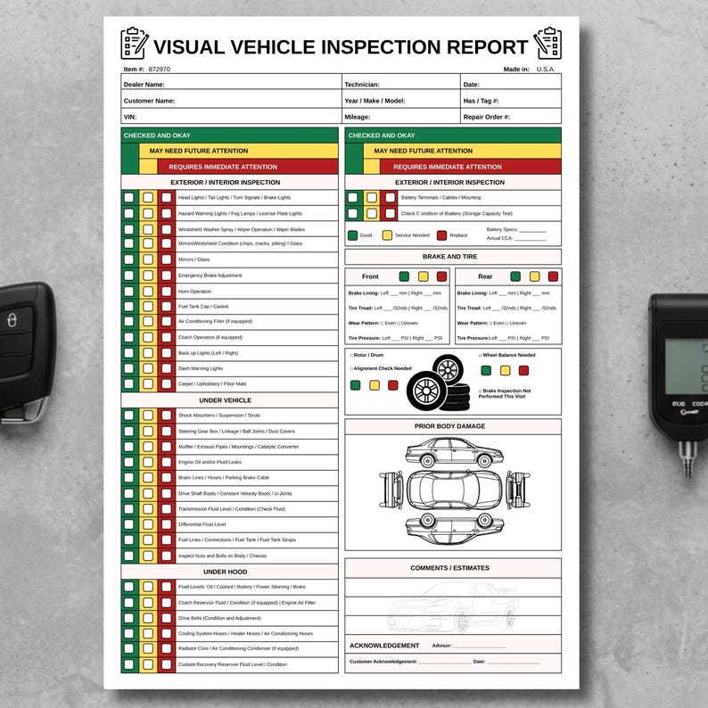Printable car maintenance checklist with red yellow green status.