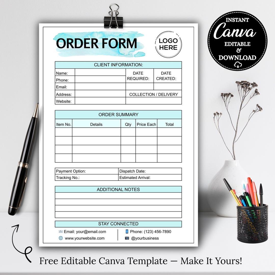Editable Order Form Template: Printable Fillable Invoice & Receipt for ...