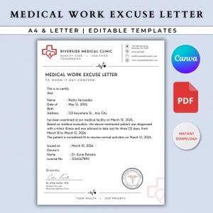 May include: An editable medical work excuse letter template featuring the Riverside Medical Clinic logo, contact details, and fields for patient information, diagnosis dates, and doctor signature. Includes Canva, PDF, and instant download icons.