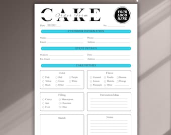 May include: A white cake order form template with blue accents. The form includes sections for customer information, event details, cake details, and decoration ideas. The form has the text "Cake Order Form Template" at the top.